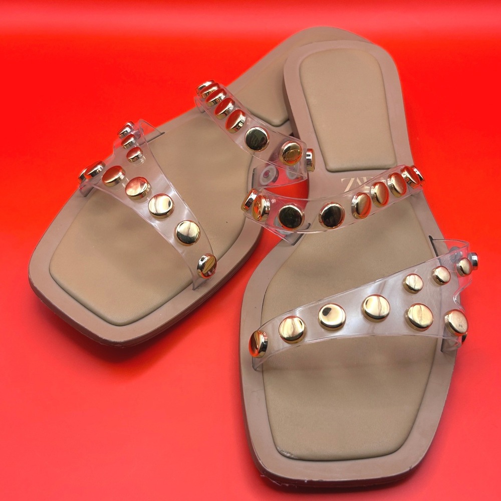 Zara Womens Clear Vinyl Studded Flat Sandals Square Toe Tan Gold 40